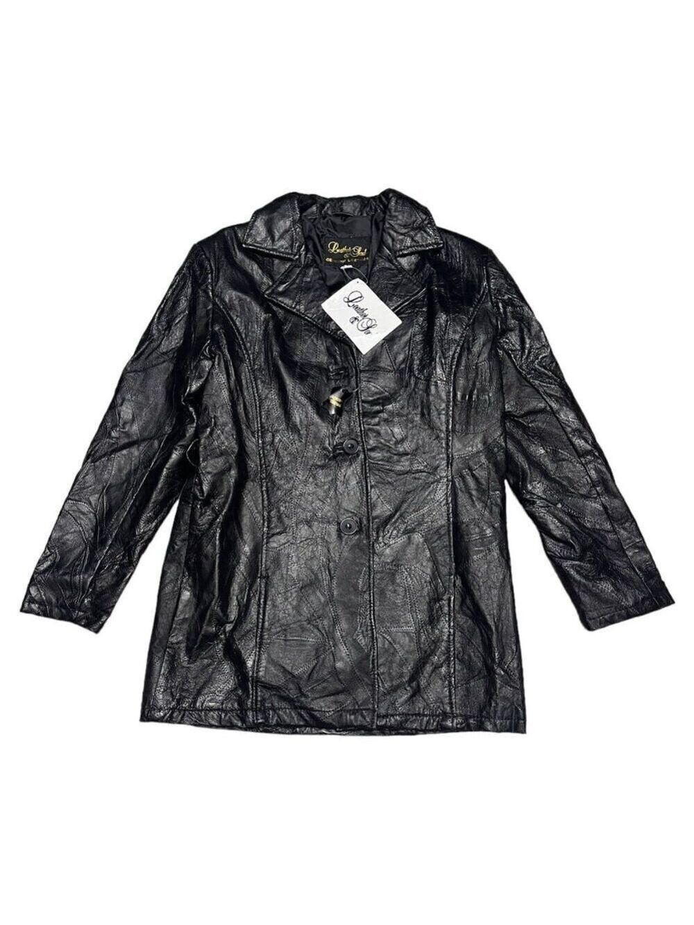 Vintage Retro GENUINE LEATHER Luxury Designer Cross Stitch Jacket Coat Womens L